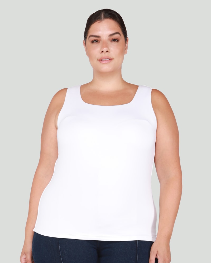 Front of a model wearing a size 1X Christina Square Neck Tank in White by DEX PLUS. | dia_product_style_image_id:260528